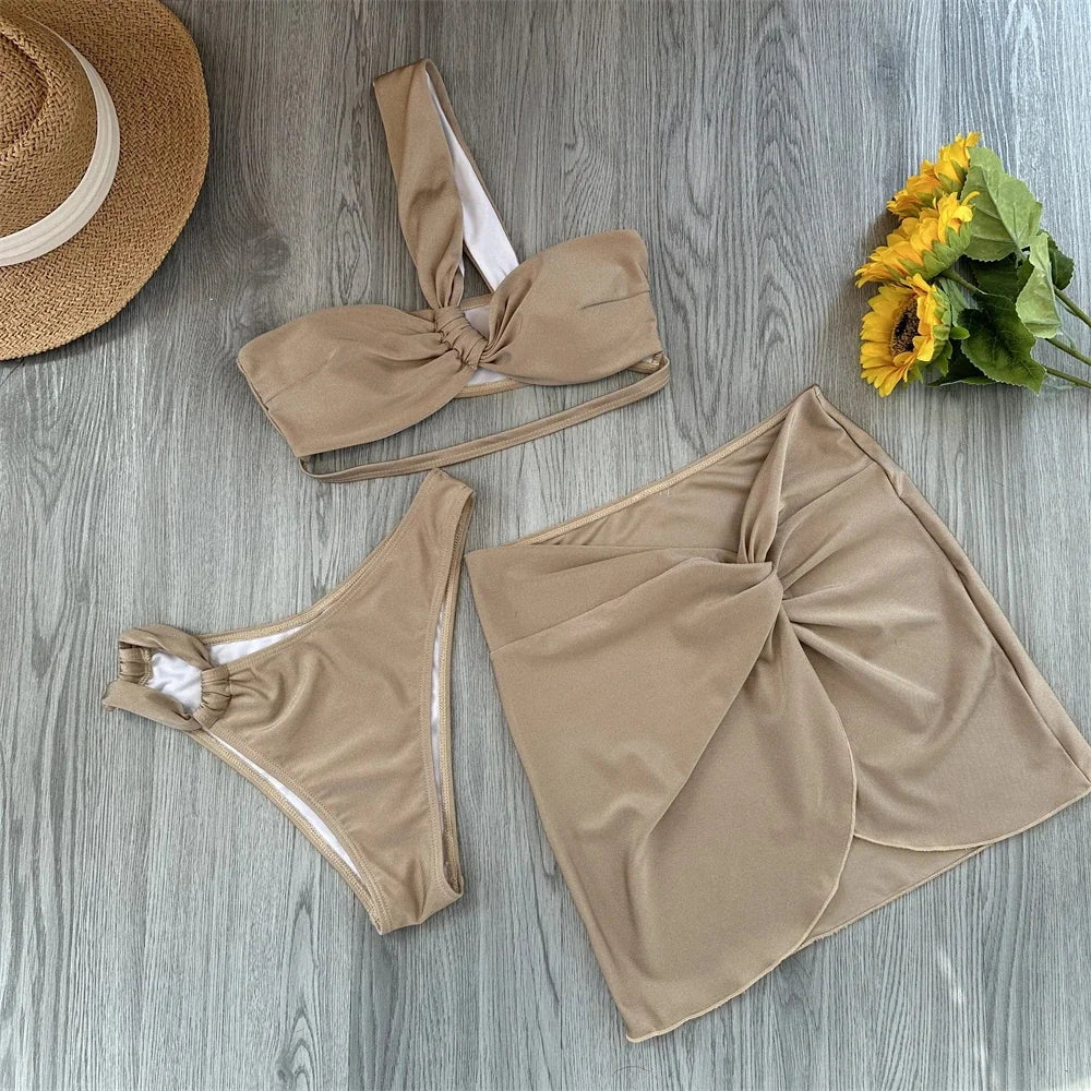 3-teiliges One-Shoulder Bikini Set – Sexy Damen-Bademode mit Schnürung & Strandrock